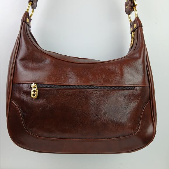 Marino Orlandi Italy VTG Large Smooth Brown Leather Shoulder Bag Brass Hardware - Picture 8 of 11